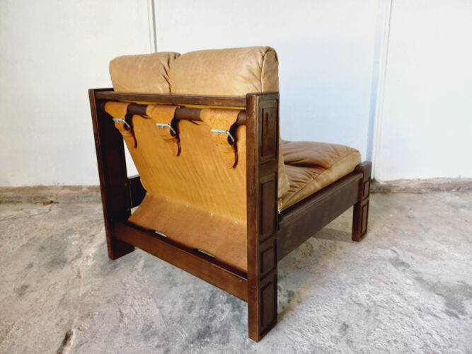 Vintage brutalist armchair Carl Straub in wood and leather 60s 70s