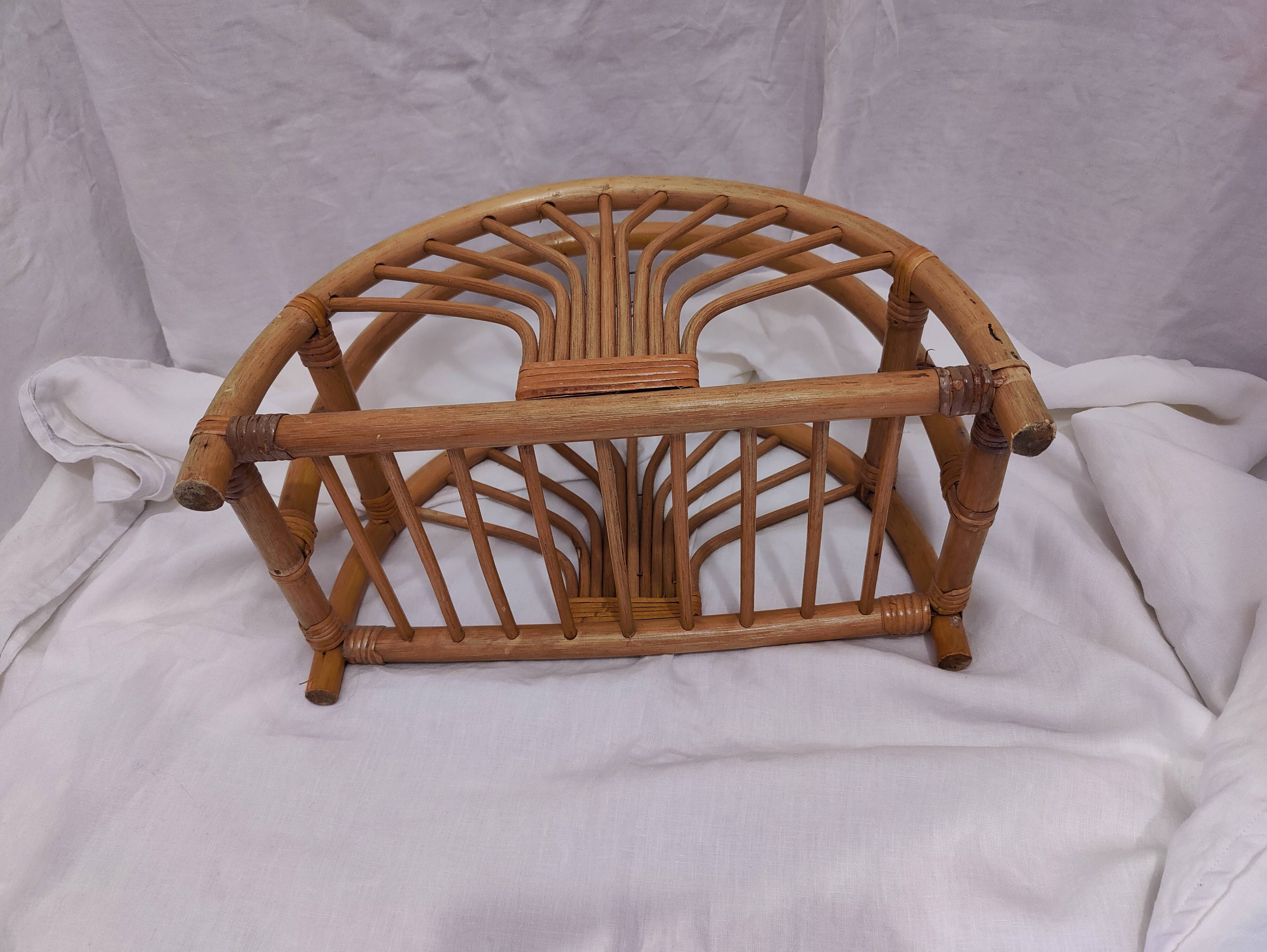 Woven bamboo magazine rack from the 1970s