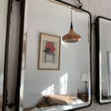 Vintage 1930s barber triptych mirror crystal faux leather gold - 25 x 59 cm