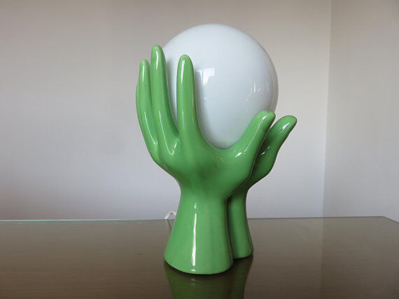 Hand green ceramic lamp and opaline white years 70