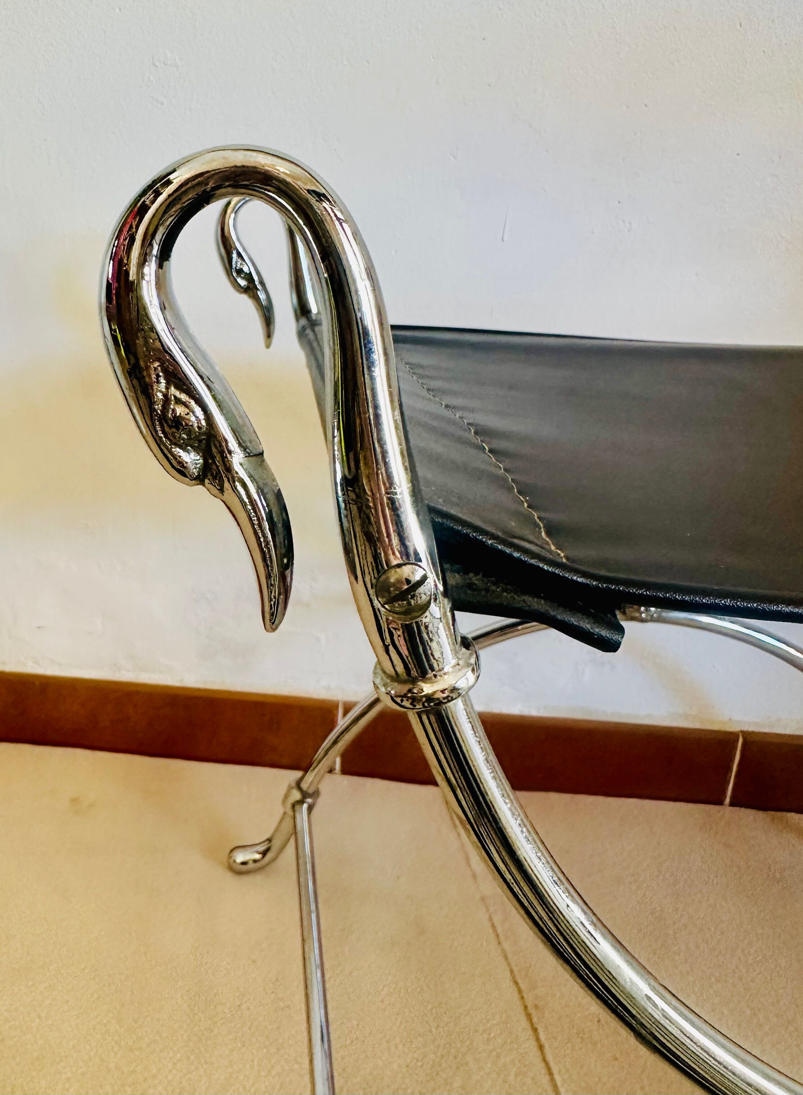 Curule Stool Maison Jansen in Chrome Steel and Black Leather