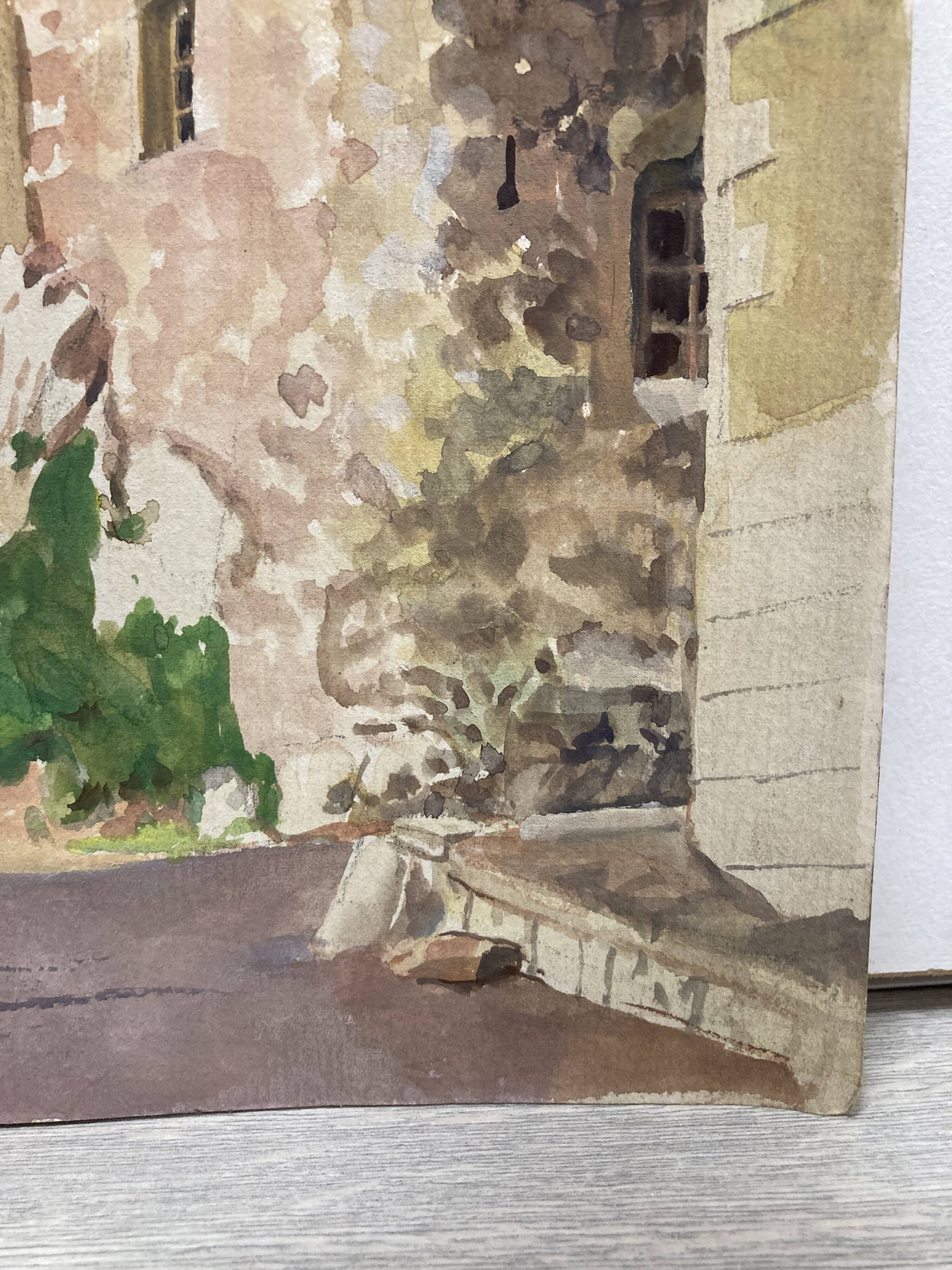 Watercolor Provencal landscape with fortified ramparts