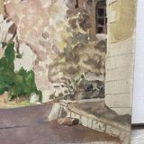 Watercolor Provencal landscape with fortified ramparts