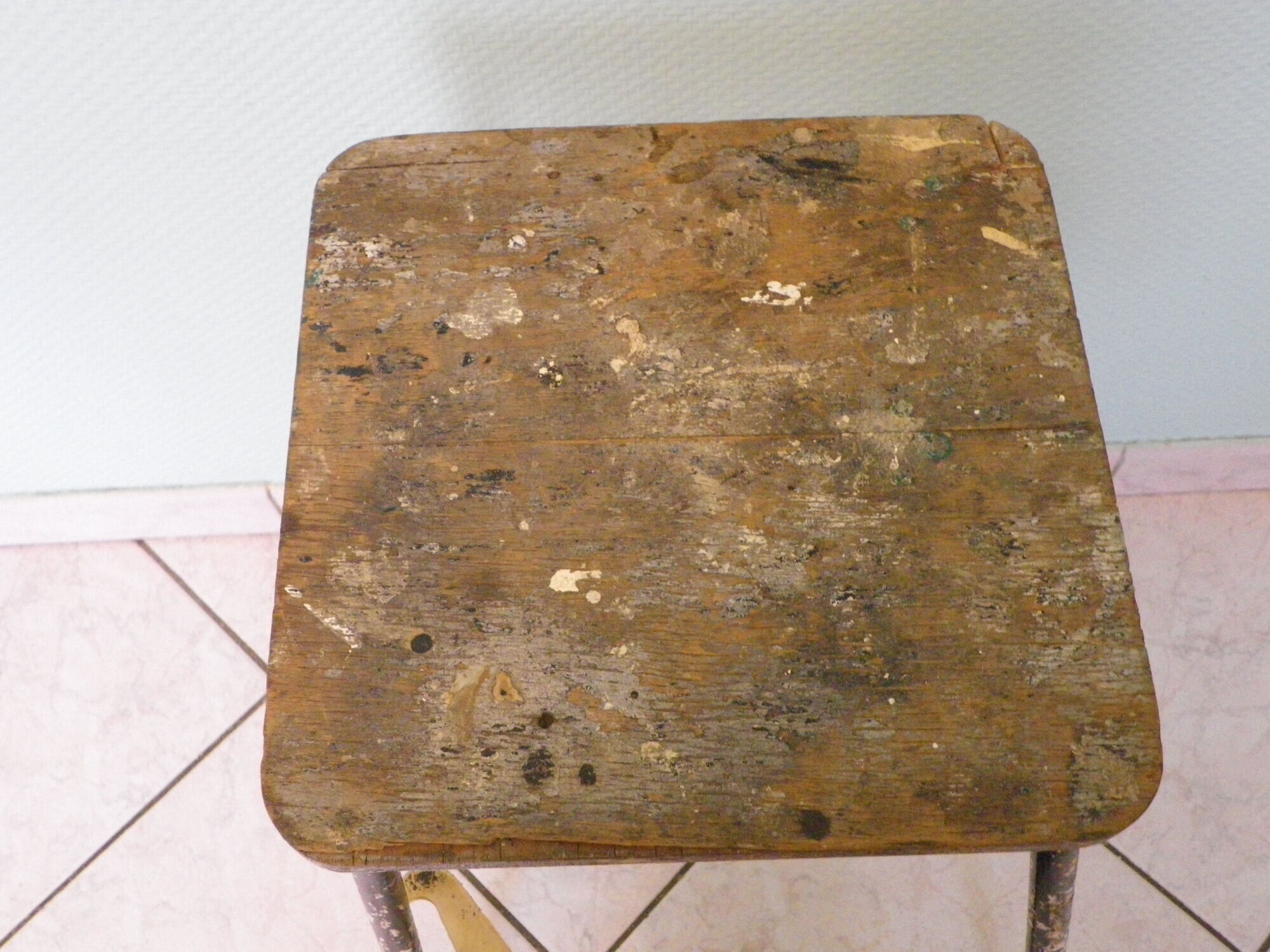 Workshop stepladder, retractable steps, antique, metal and wood, patina look