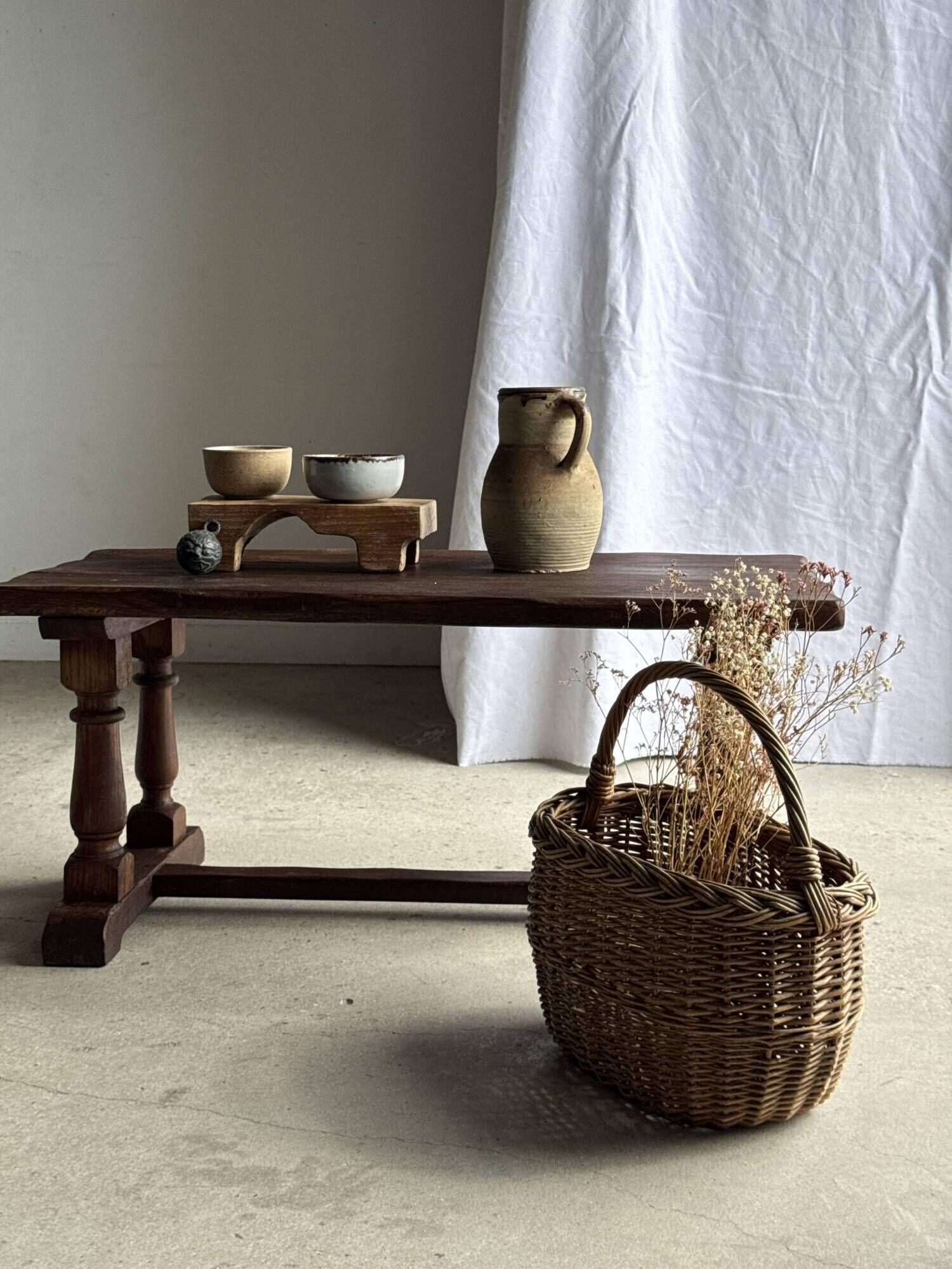 Large antique woven wicker basket with handle H45 L43 D25