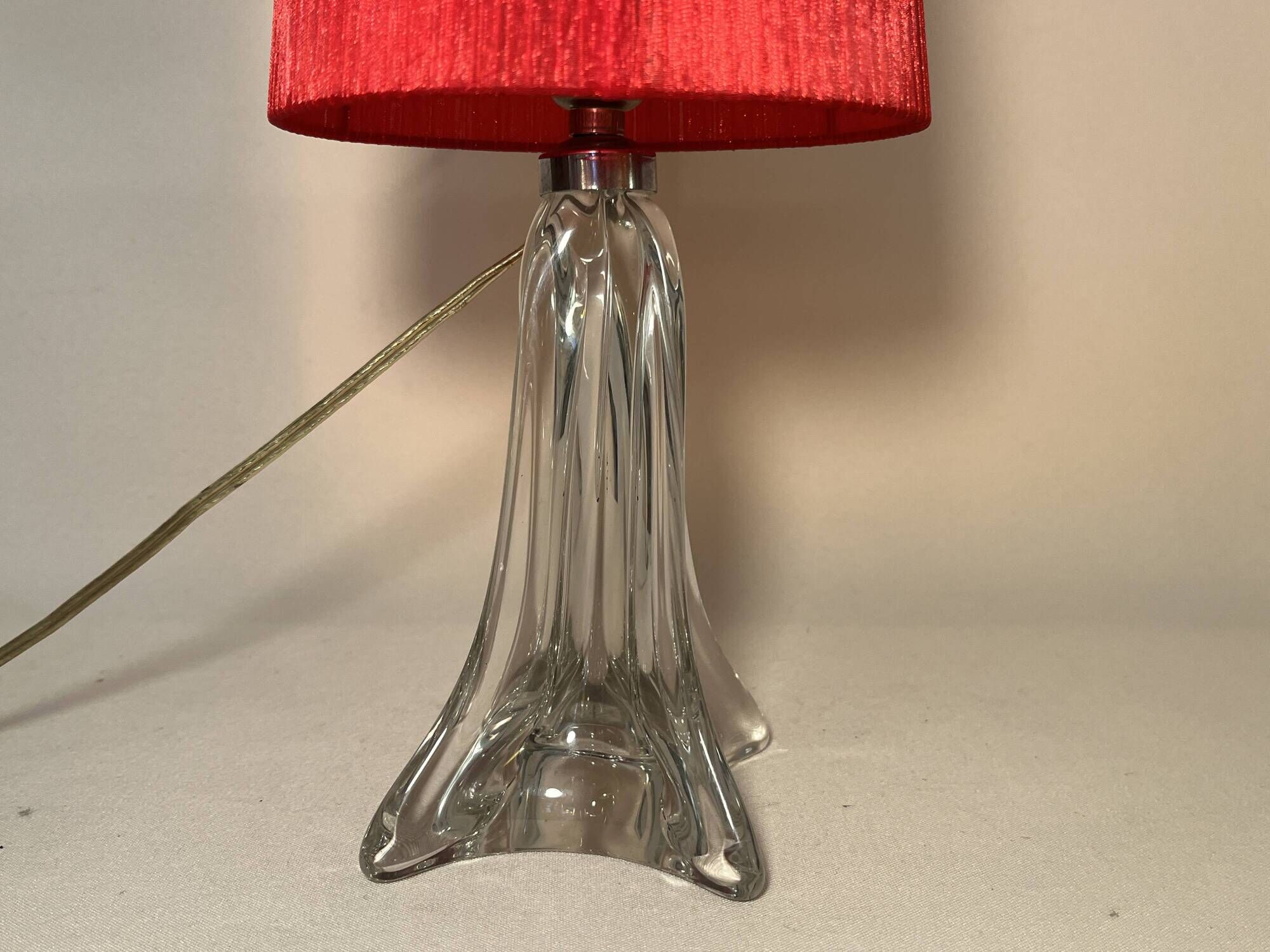 Vintage crystal lamp base with red pleated organza ribbon shade 1940