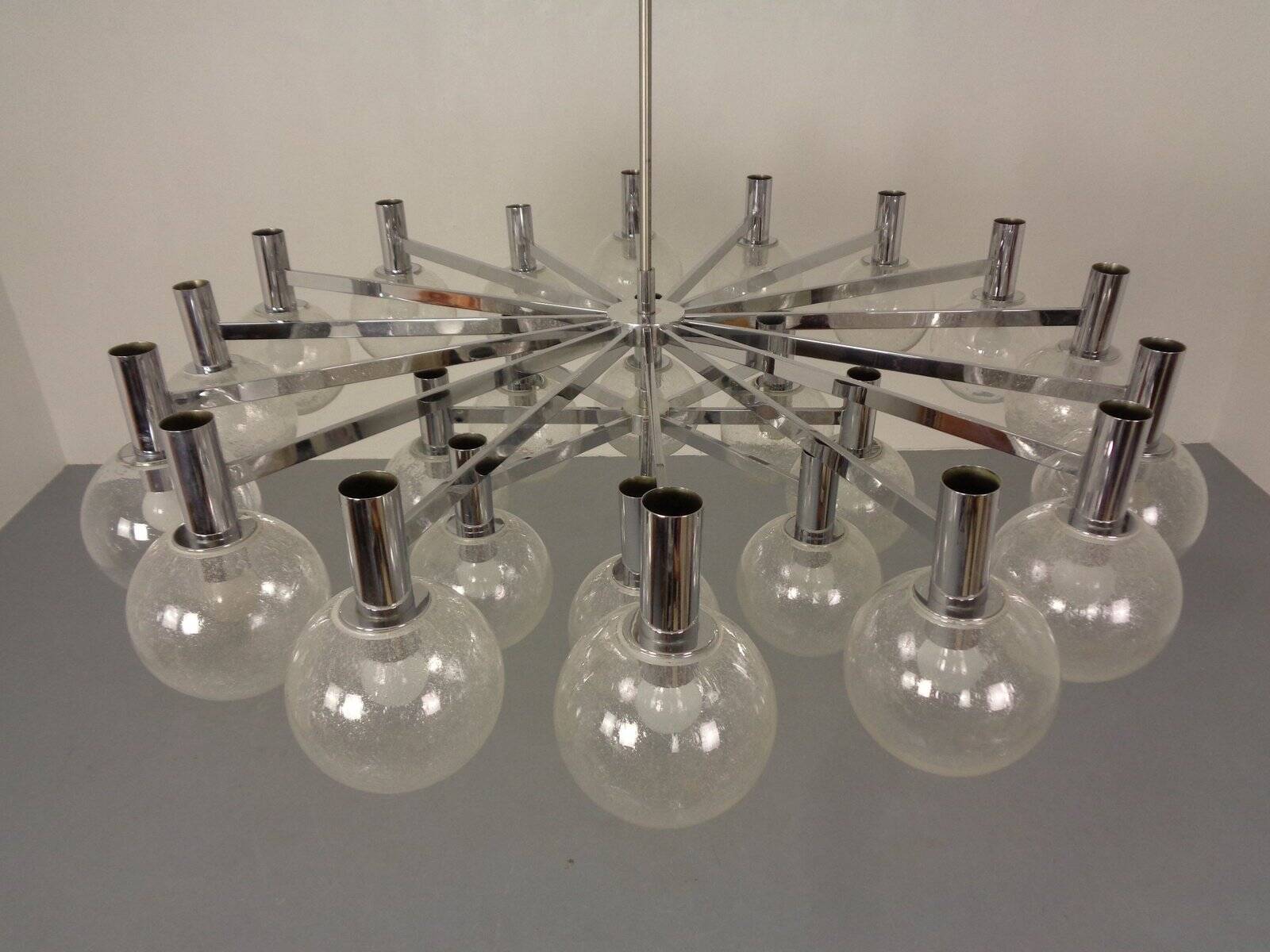 Large chromed spider Sputnik lamp with 24 hand-blown ice glass balls from Ott International, Germany, 1960s.