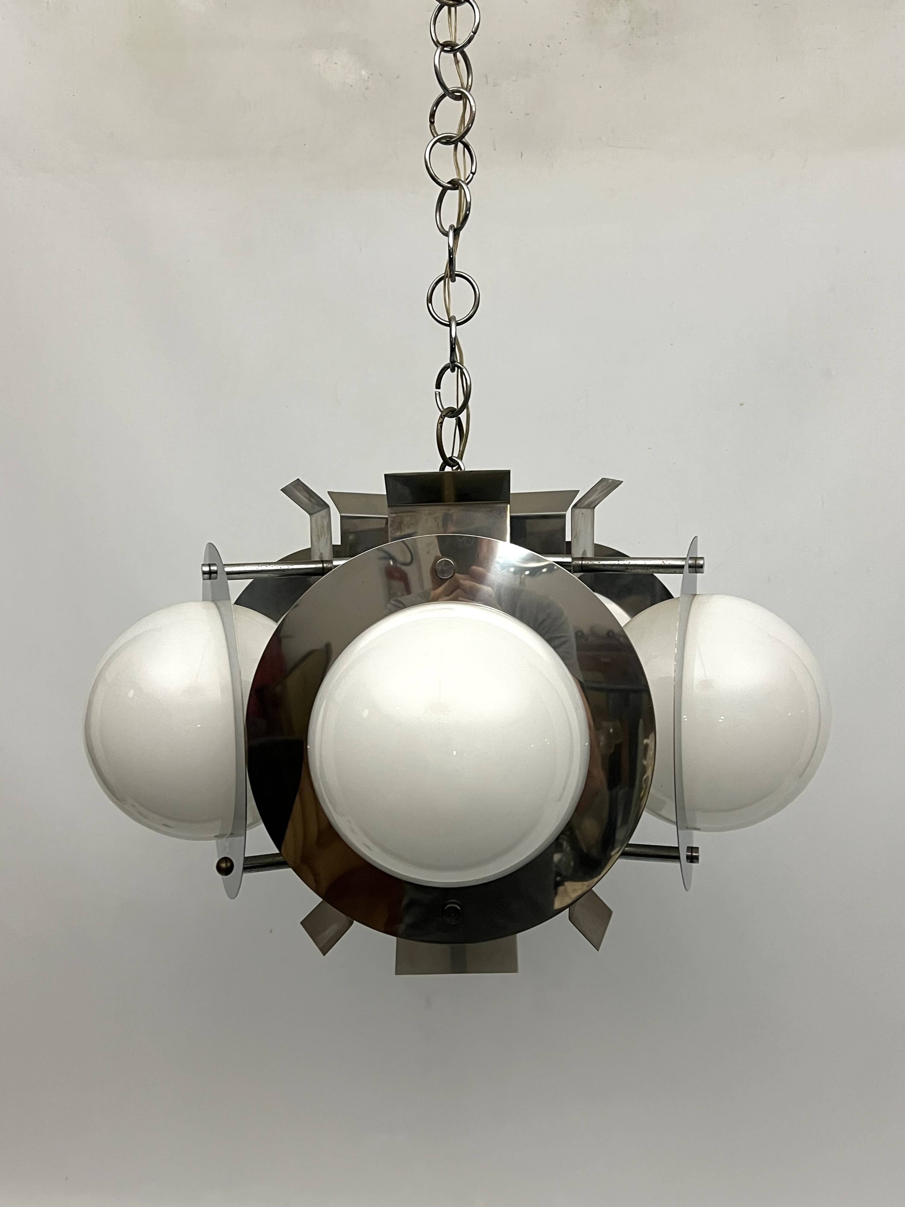 Space Age five lights chandelier in chrome and white glass. Italy 1970s