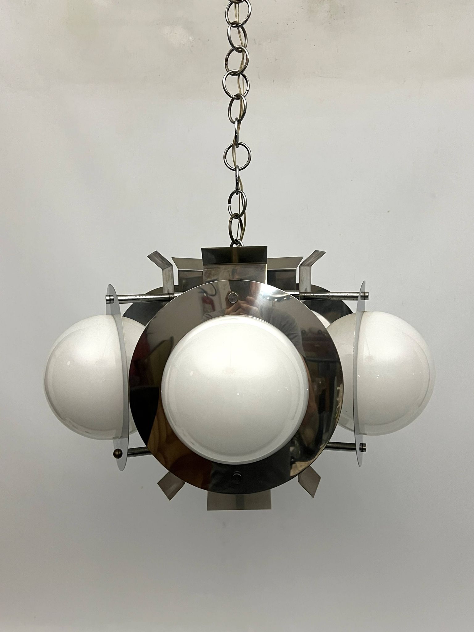 Space Age five lights chandelier in chrome and white glass. Italy 1970s