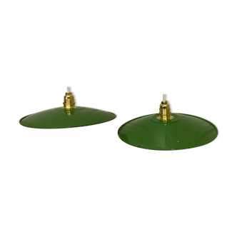 Two vintage hanging lamps in green and white enamelled sheet metal