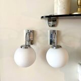 2 wall lamps in chromed metal and white opaline