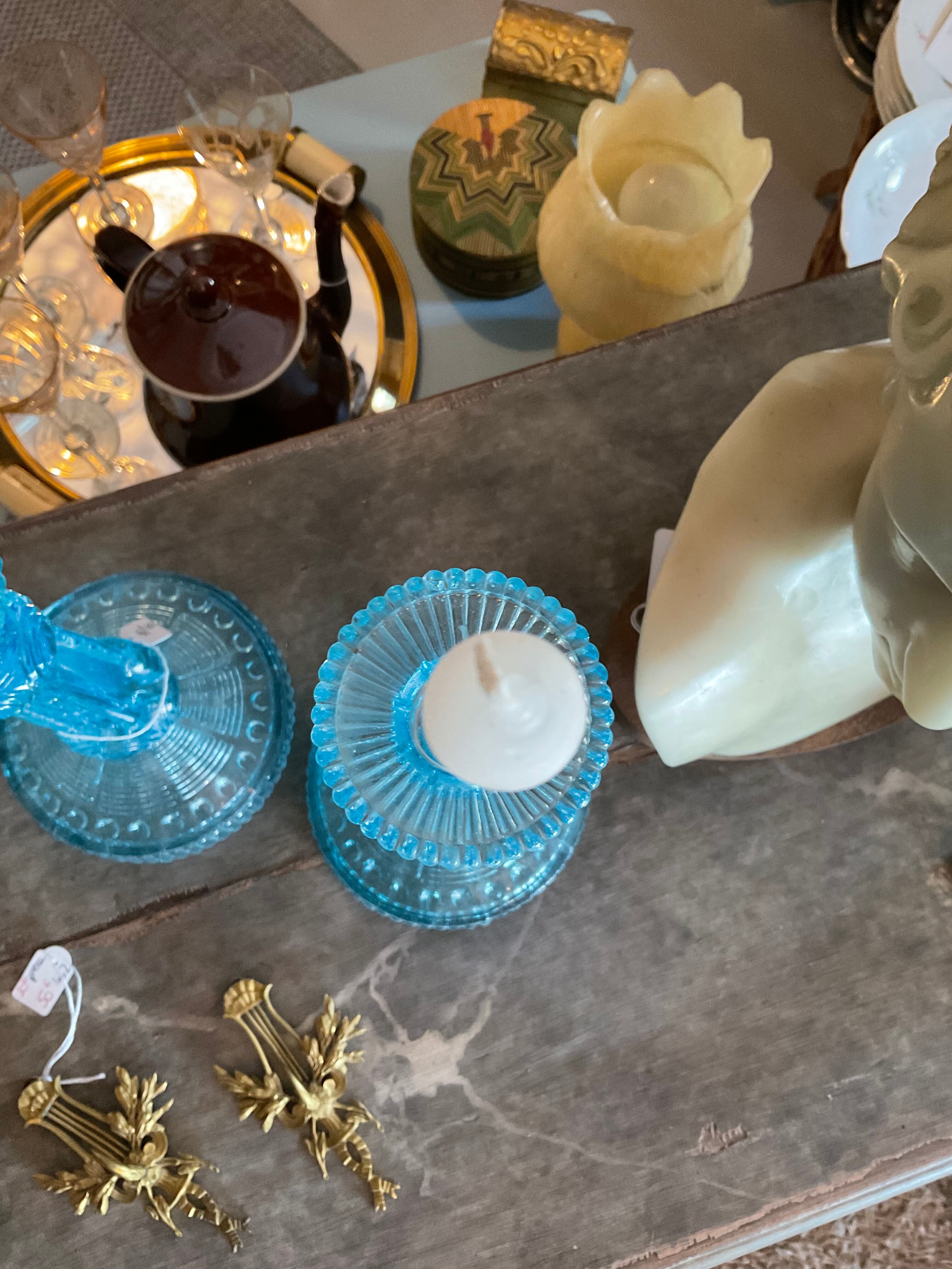 Pair blue glass candle holders.type Art Deco