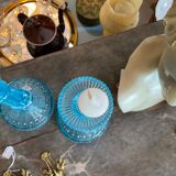 Pair blue glass candle holders.type Art Deco