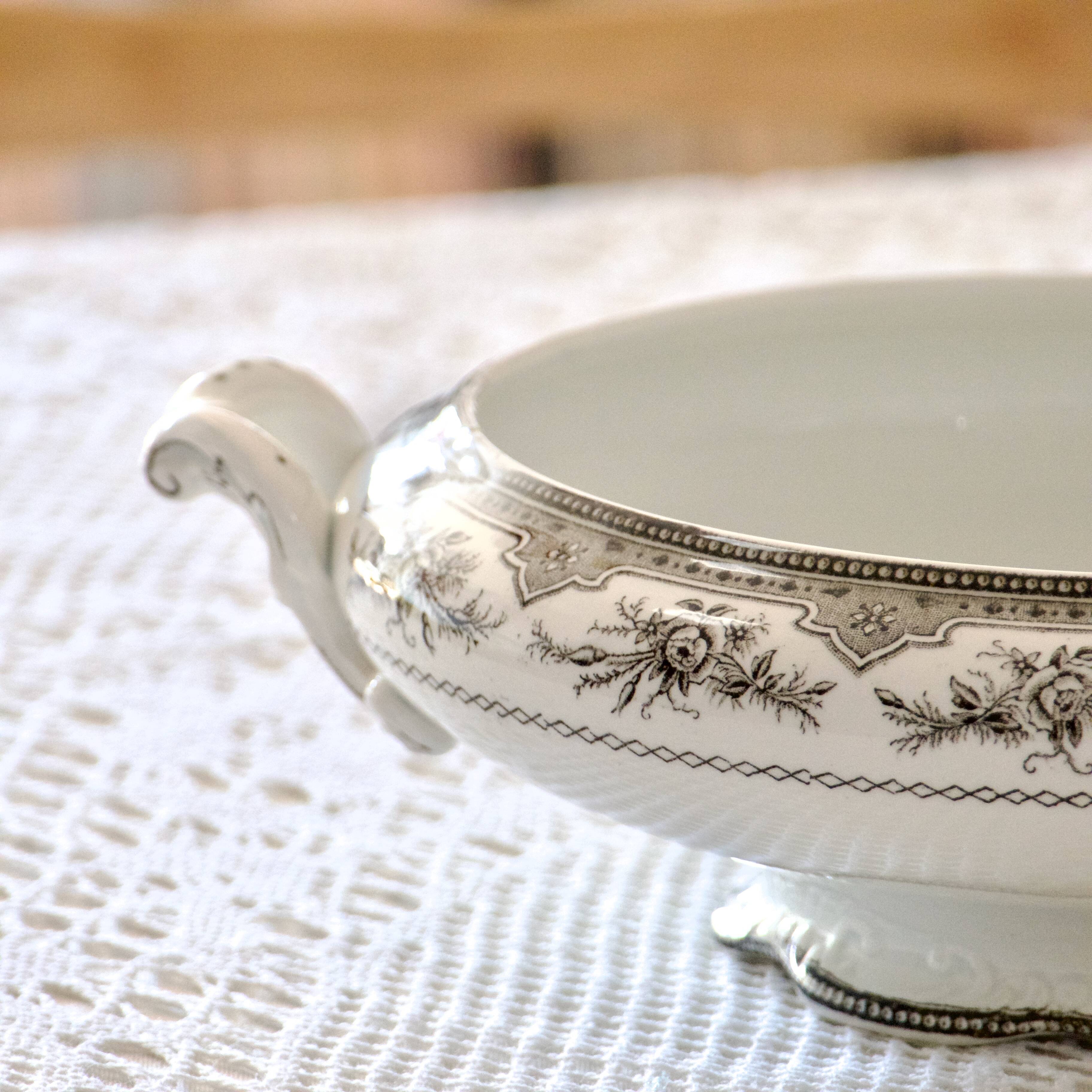 19th century vegetable dish, iron earth Onnaing, sepia, moss roses