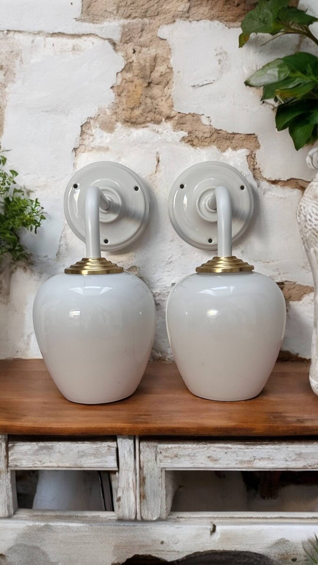 Pair of vintage white opaline wall lights