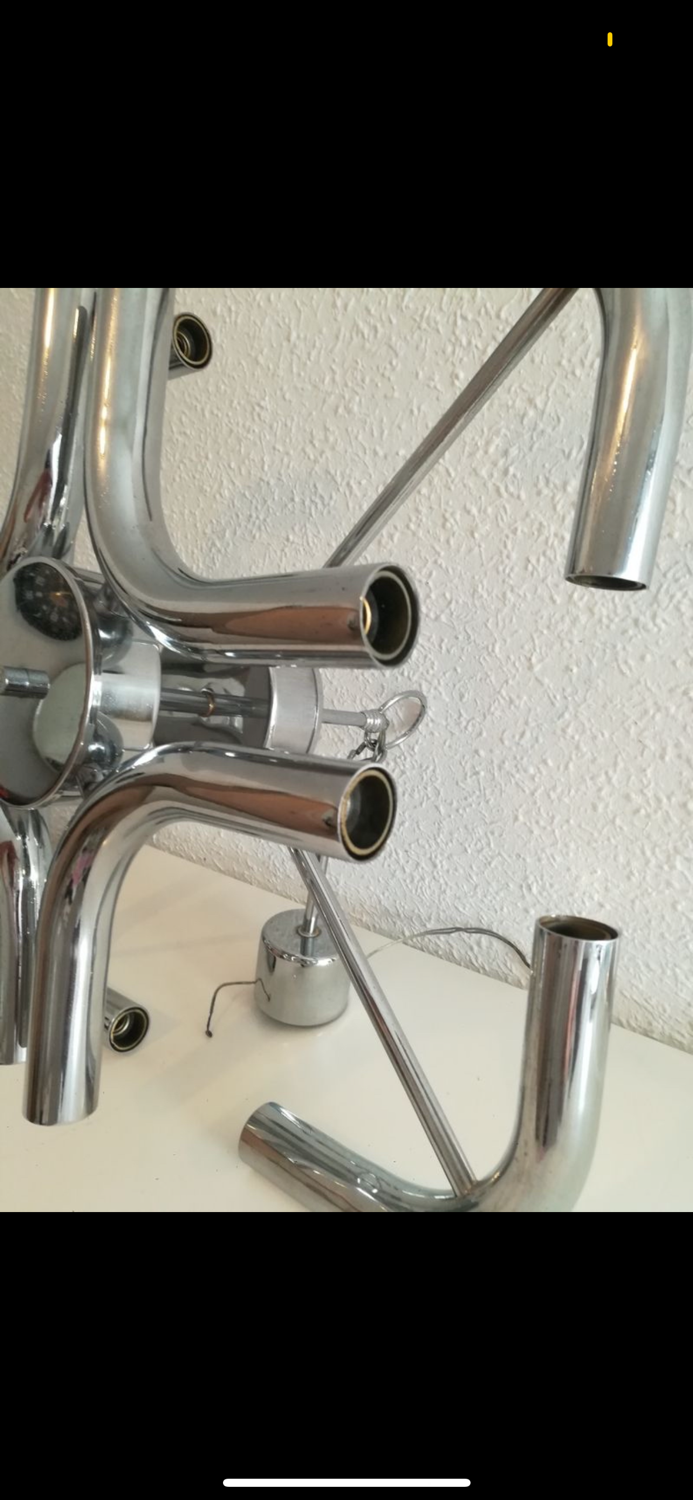 Reggiani chrome multiple light chandelier, Italy 1970