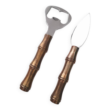 Ouvre bouteille et couteau manche bambou laiton