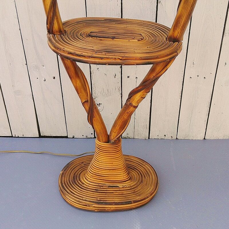 Rattan lamppost, 2 lights and tablet, vintage