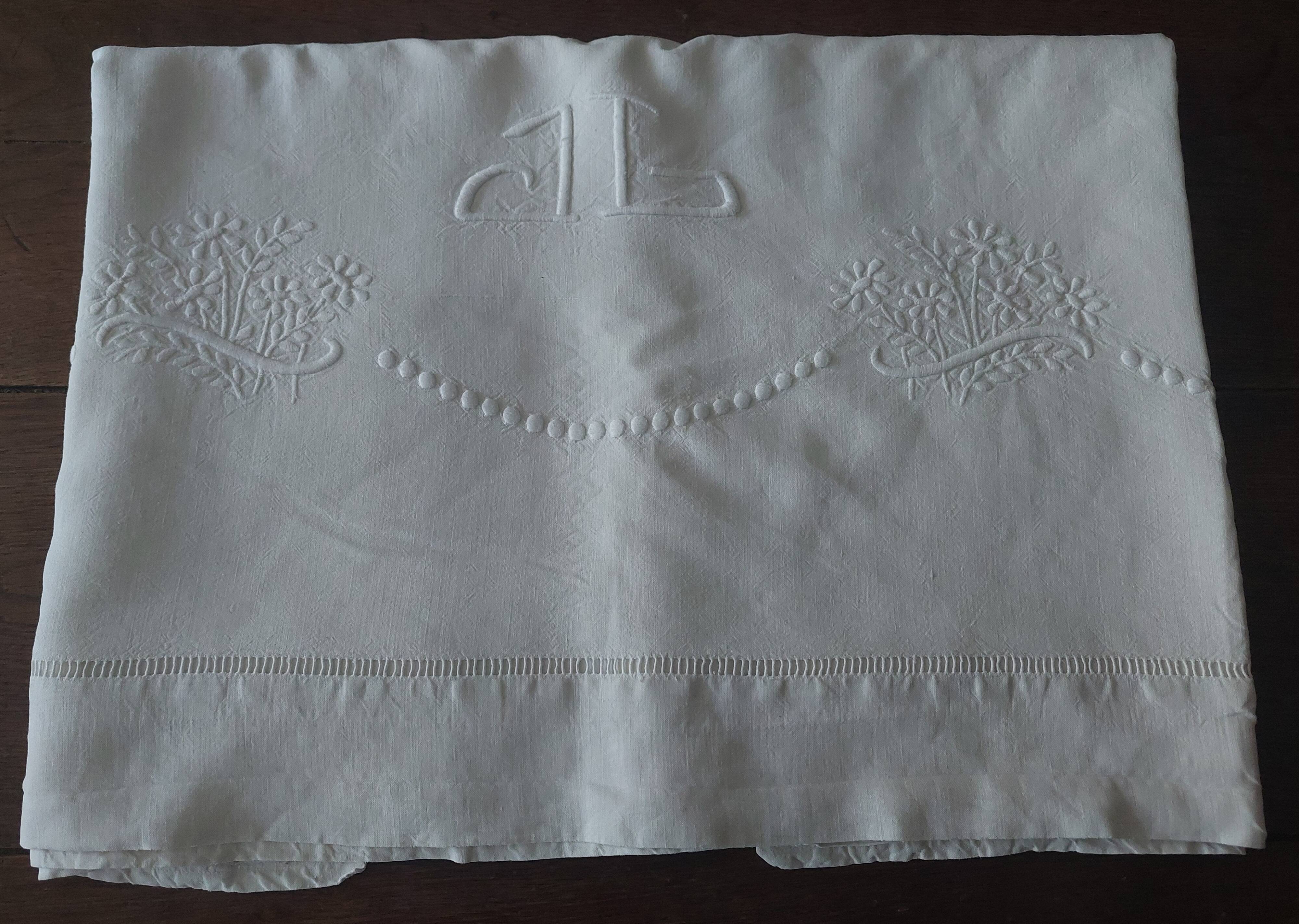 Drap ancien métis lin coton 200 X 280 cm monogramme JG