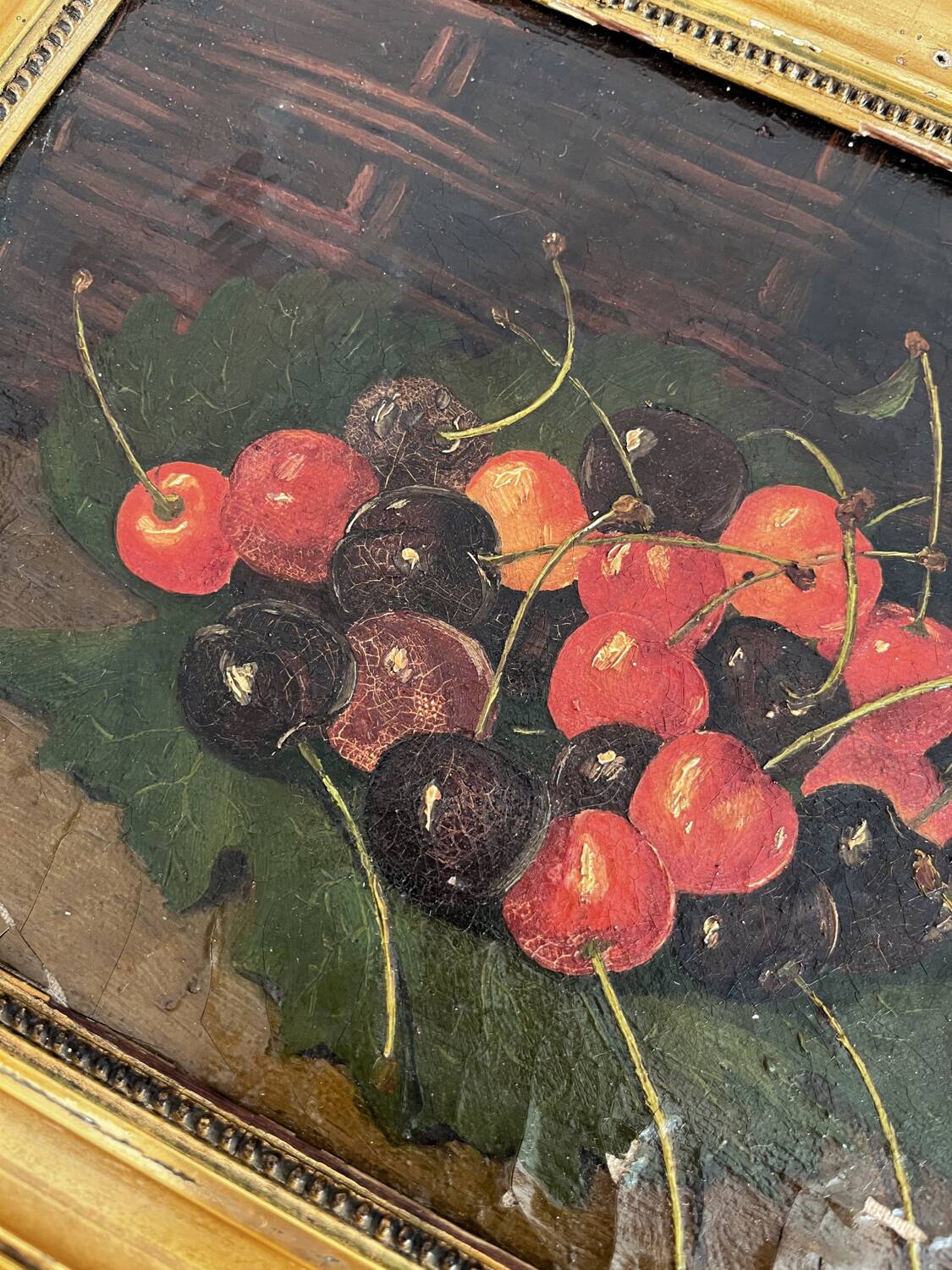Huile sur toile nature morte aux cerises 19eme