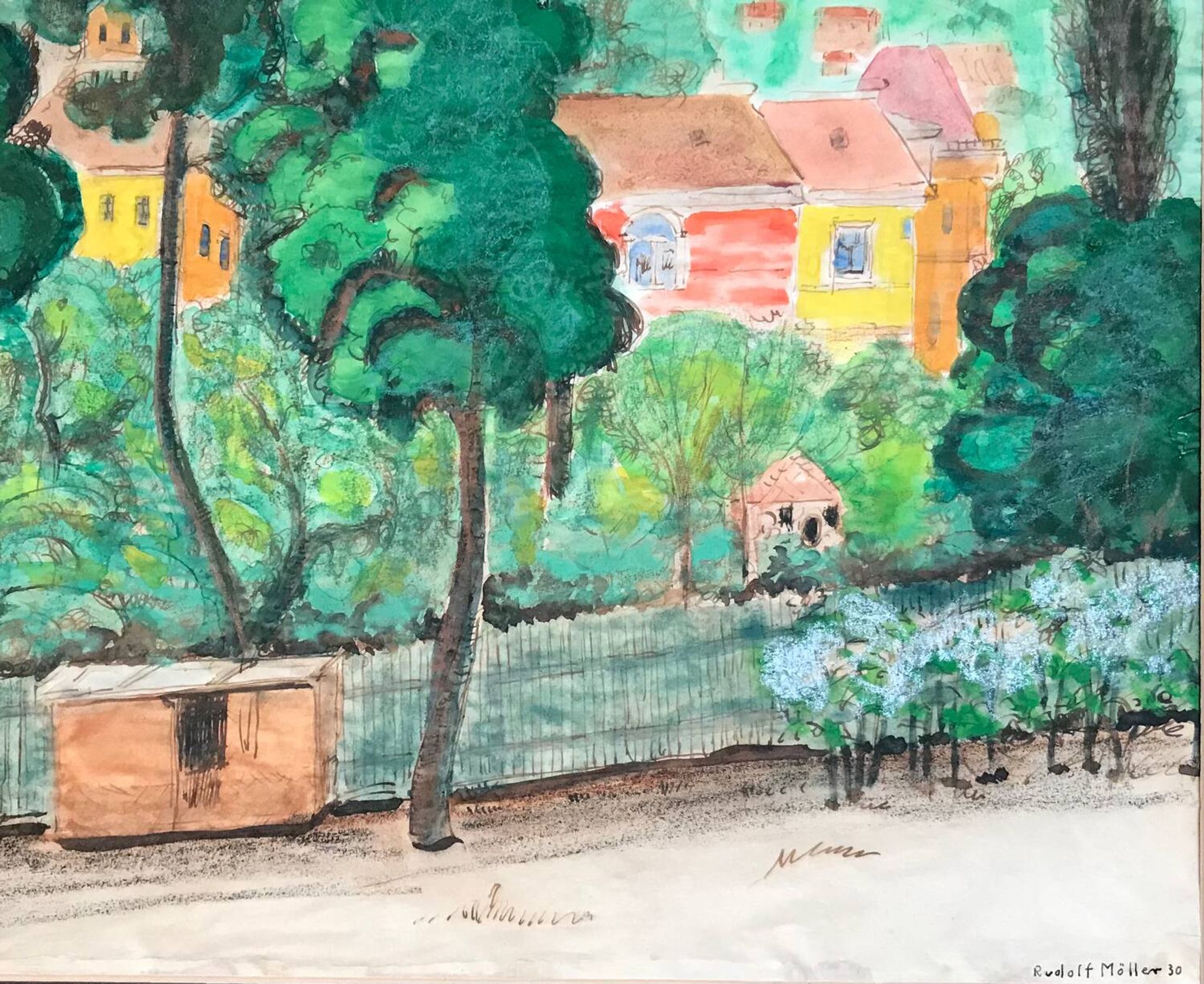 Rudolf möller 1881-1967. the houses, 1930. gouache. sbd. 30x40. frame