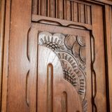 Old solid wood wardrobe with three vintage mirror doors