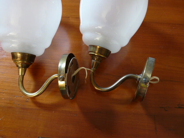 Pair of brass and glass wall lamps 60s gooseneck