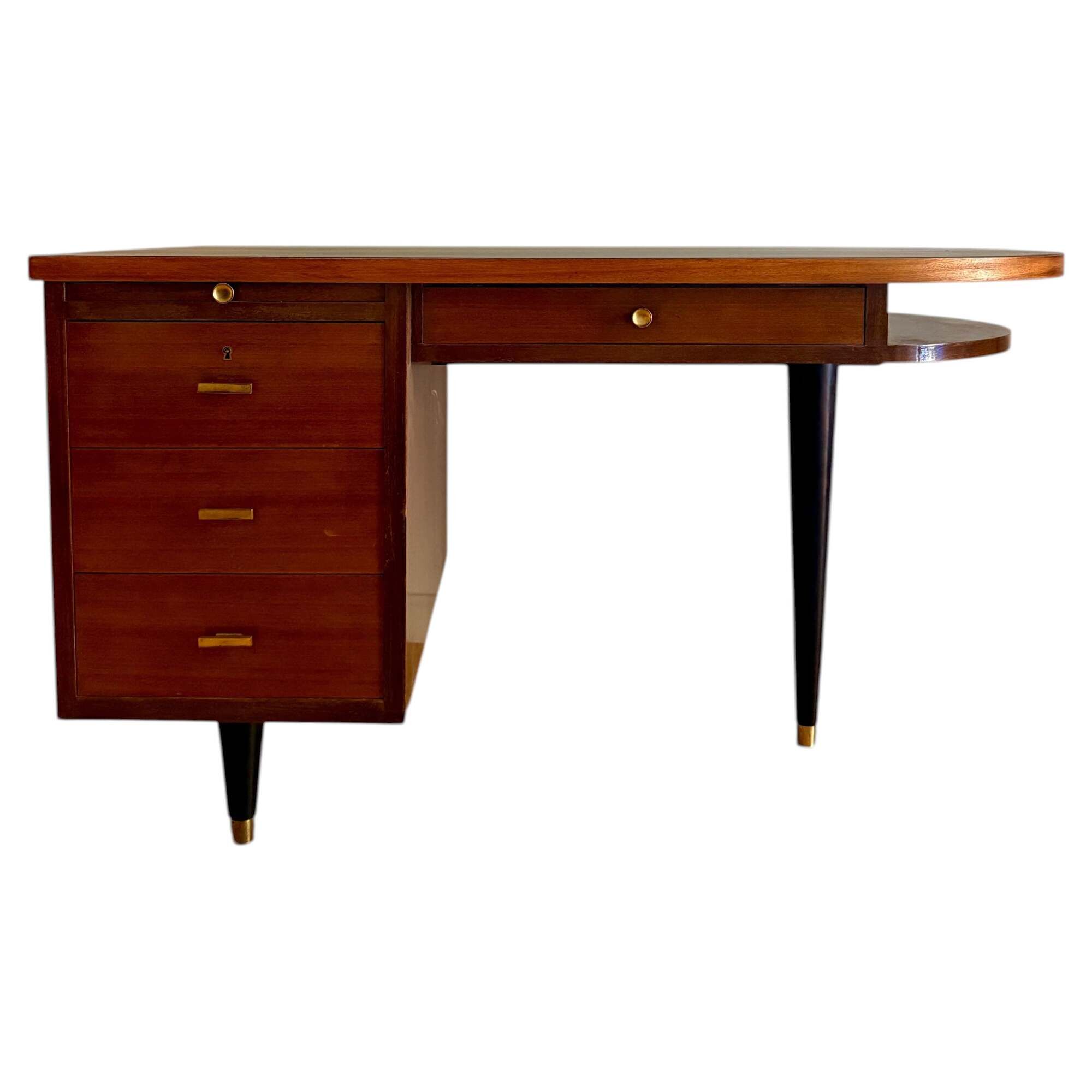 French desk "Prouve" in walnut, bronze and rubber from the 1970s.