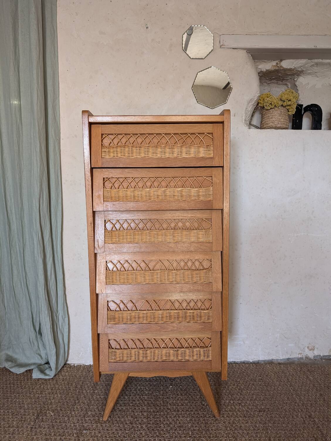 Vintage oak and rattan chiffonier