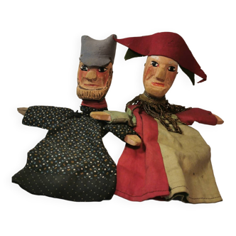 Rare 2 marionnettes anciennes théâtre de guignol têtes bois sculpté fin 19ème