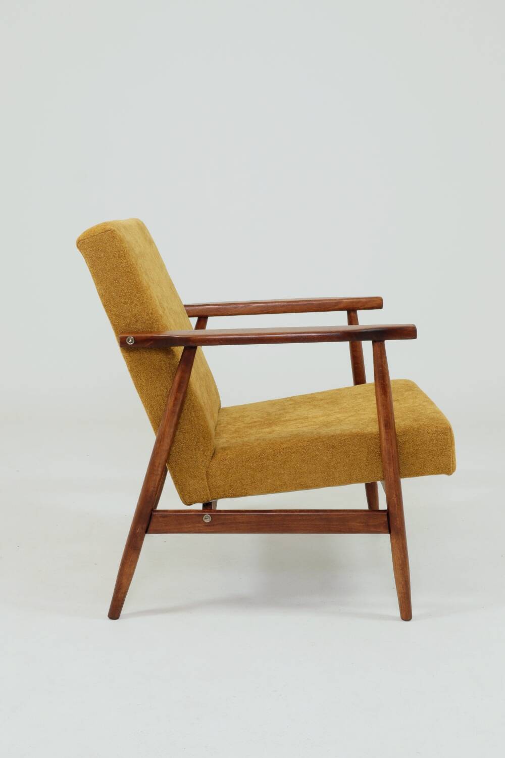 Vintage armchair model, golden yellow fabric, fully refurbished