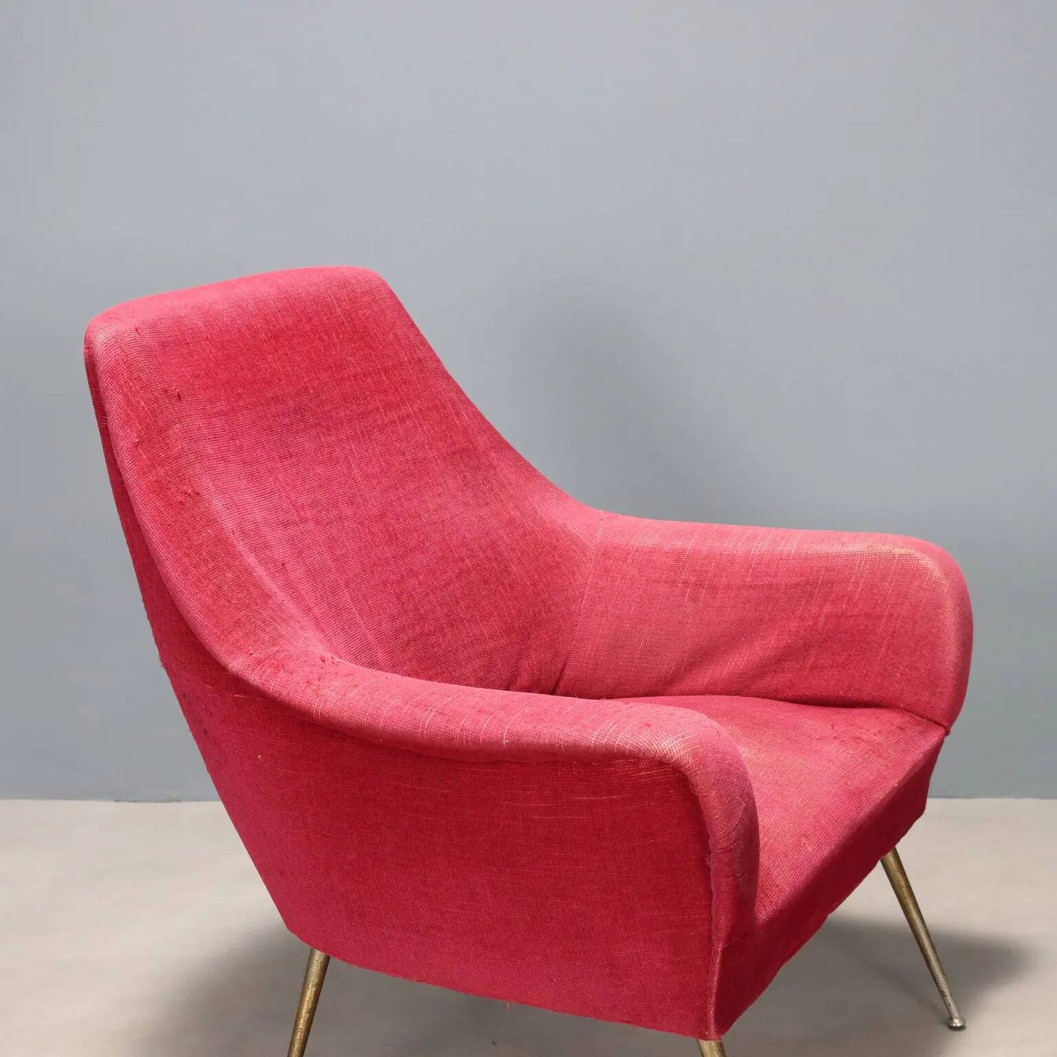 Fauteuil vintage design en tissu et laiton, Italie, années 1950-1960
