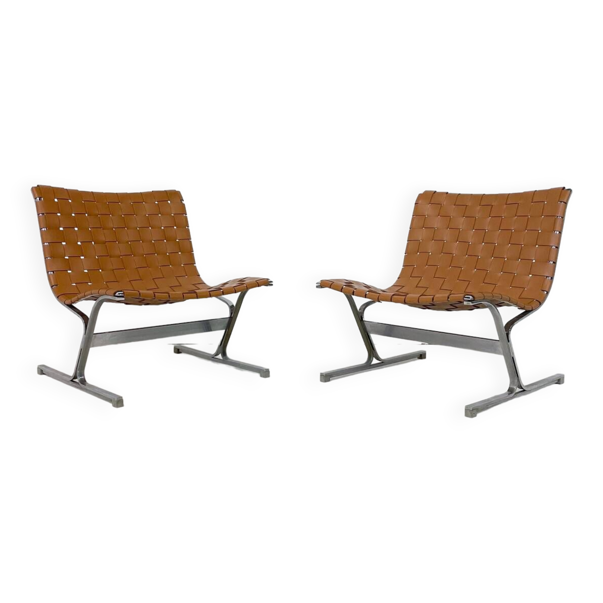 Mid-Century Pair of Lounge Chairs by Ross Littell for ICF, Cognac Leather, Italy, 1970s