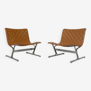 Paire de fauteuils lounge vintage par Ross Littell pour ICF, Cuir Cognac, Italie, 1970s