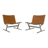Mid-Century Pair of Lounge Chairs by Ross Littell for ICF, Cognac Leather, Italy, 1970s