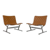 Paire de fauteuils lounge vintage par Ross Littell pour ICF, Cuir Cognac, Italie, 1970s