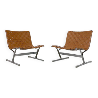 Mid-Century Pair of Lounge Chairs by Ross Littell for ICF, Cognac Leather, Italy, 1970s