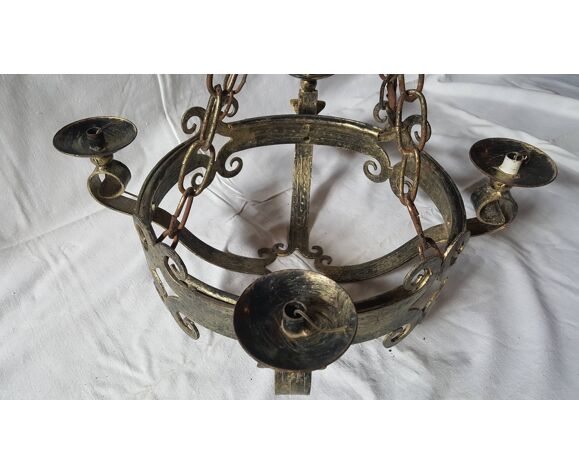 Former Wrought Iron Chandelier Hammered Saxon Style Renaissance Art Deco Castle 6kg Selency Former Wrought Iron Chandelier Hammered, Vintage Style Wrought Iron Chandelier