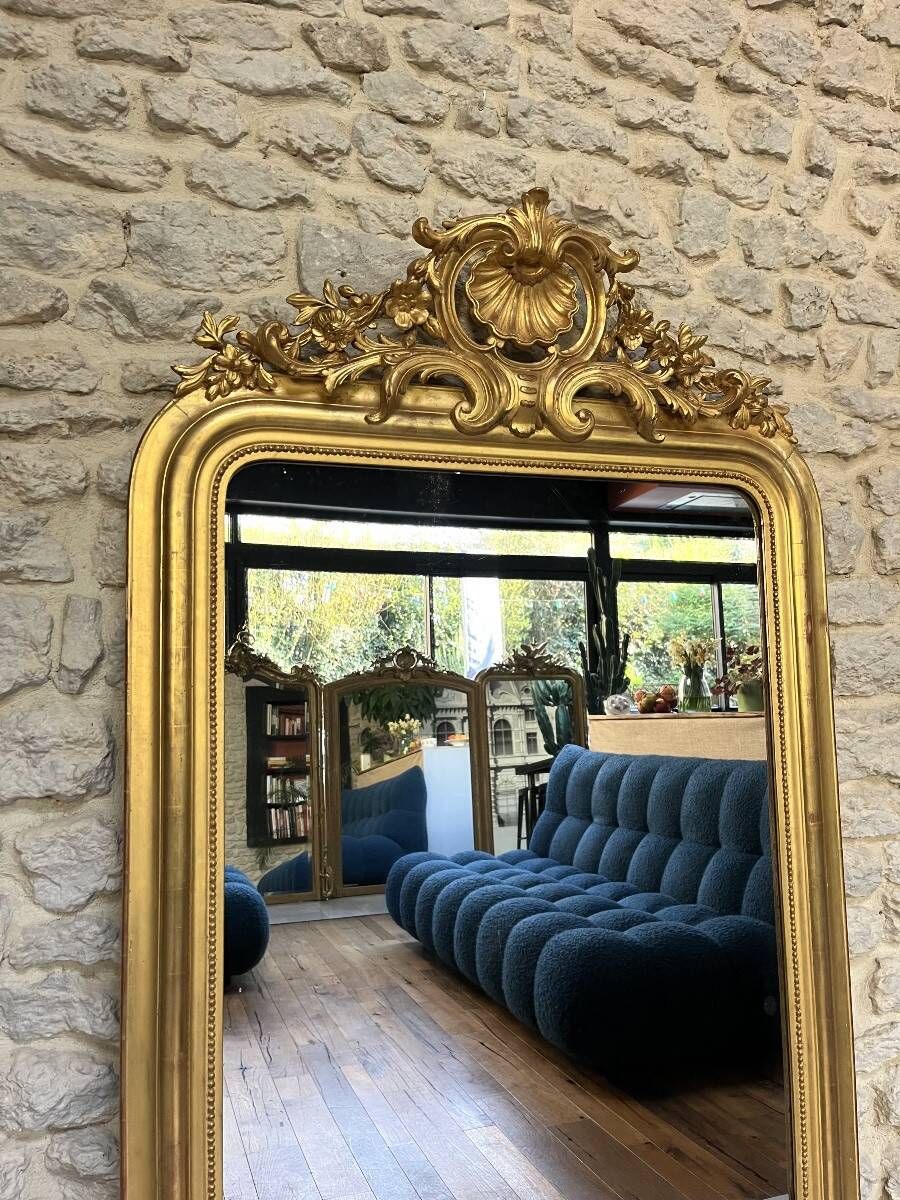 Antique Louis-Philippe mirror with a pediment, 160/93cm, gilded with gold leaf, mercury glass.