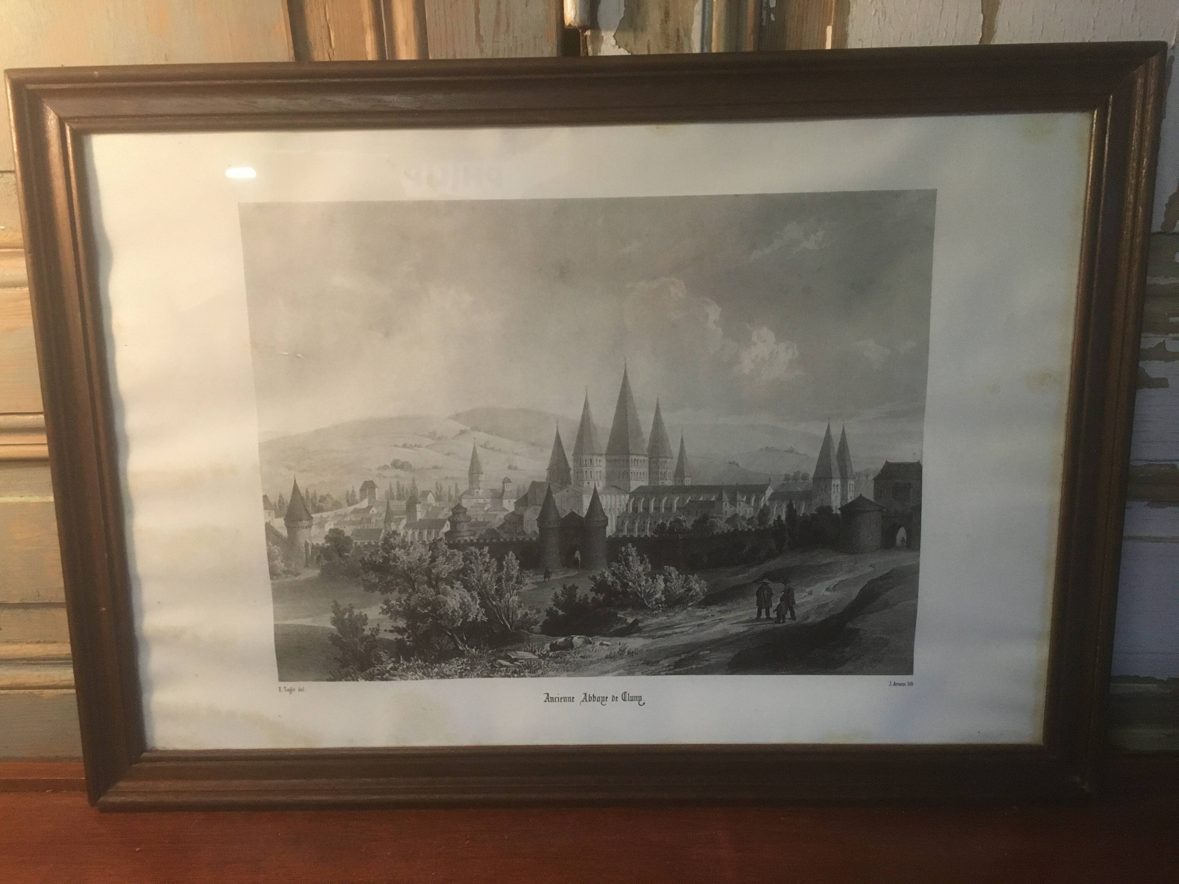 Cluny Abbey engraving framed by E.Sagot late 19th century