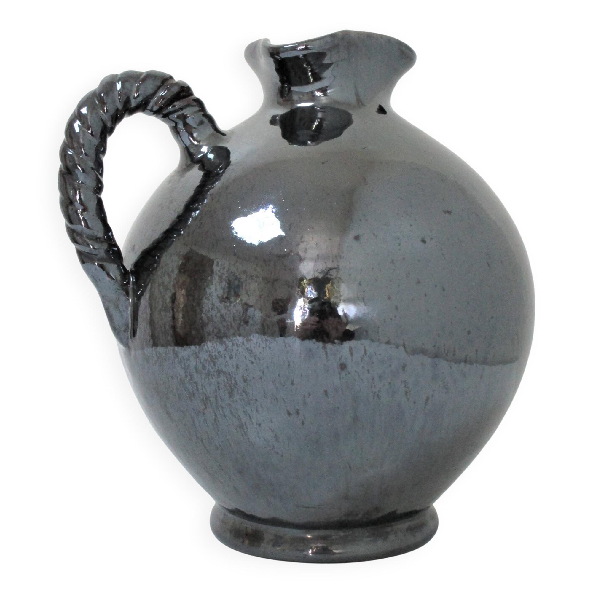 Black pearl glaze ceramic pitcher by Reinhold Rieckmann signed