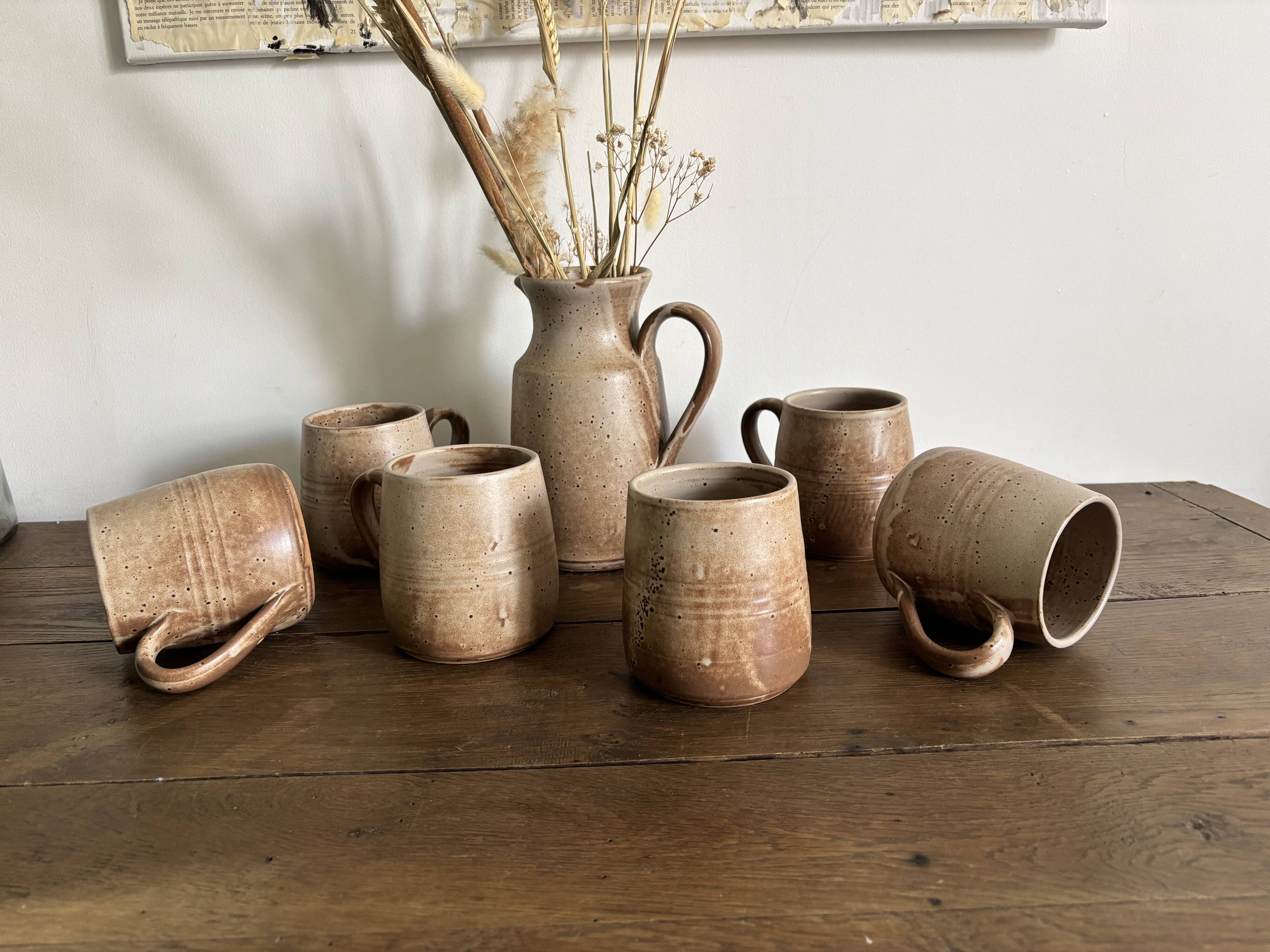 Vintage complete stoneware service – 6 mugs & jug Vallauris