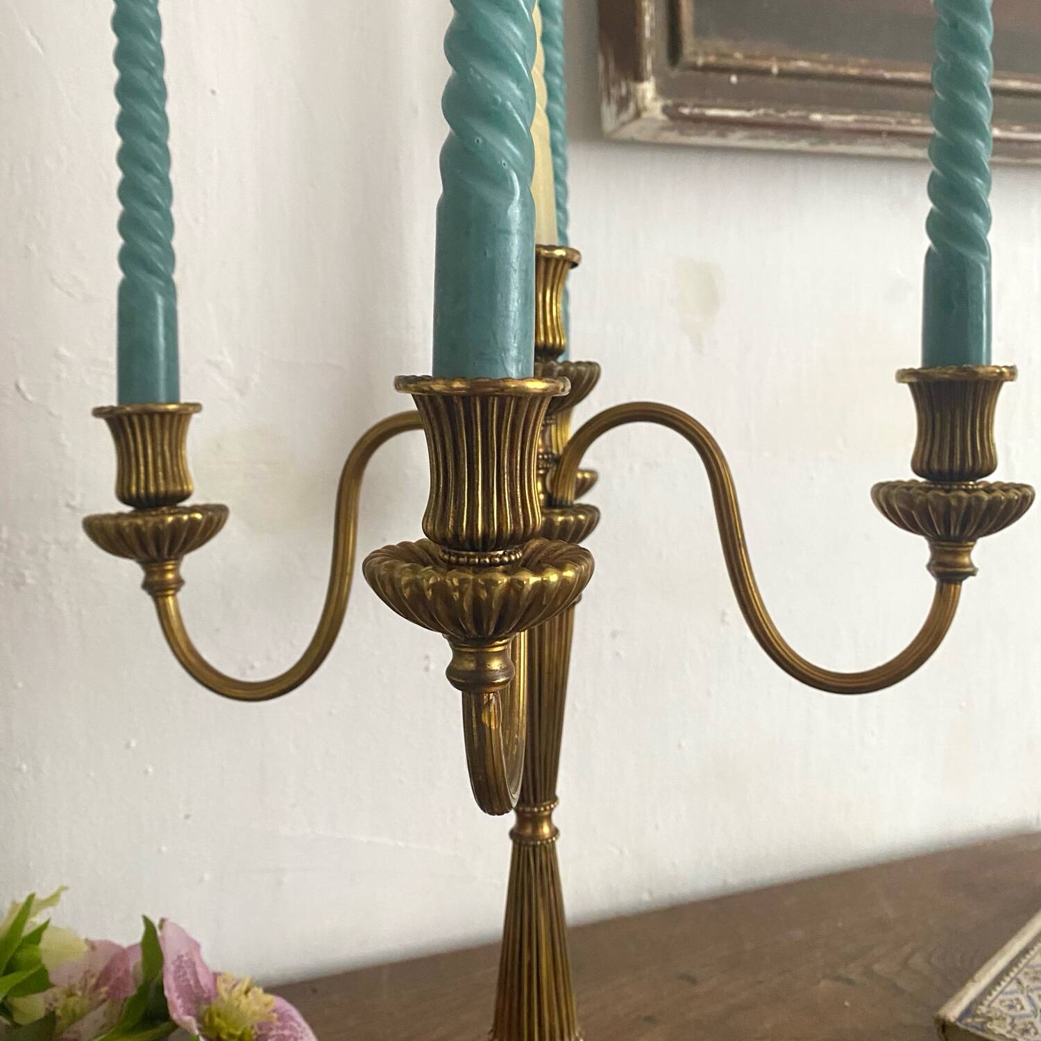 Pair of 5-light candlesticks in gilded metal, Classic style.