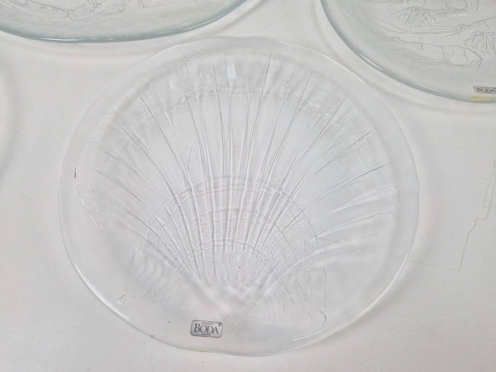 Vintage Glass Seafood Serving Bowl, Plate and Dinner Plates by Ann Warff for Kosta Boda, Sweden, 1970s, Set of 8