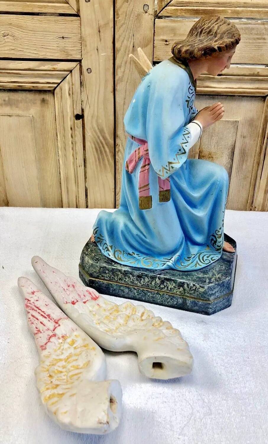 Large altar angel 42.5 cm plaster church statue sulphide eyes XIX