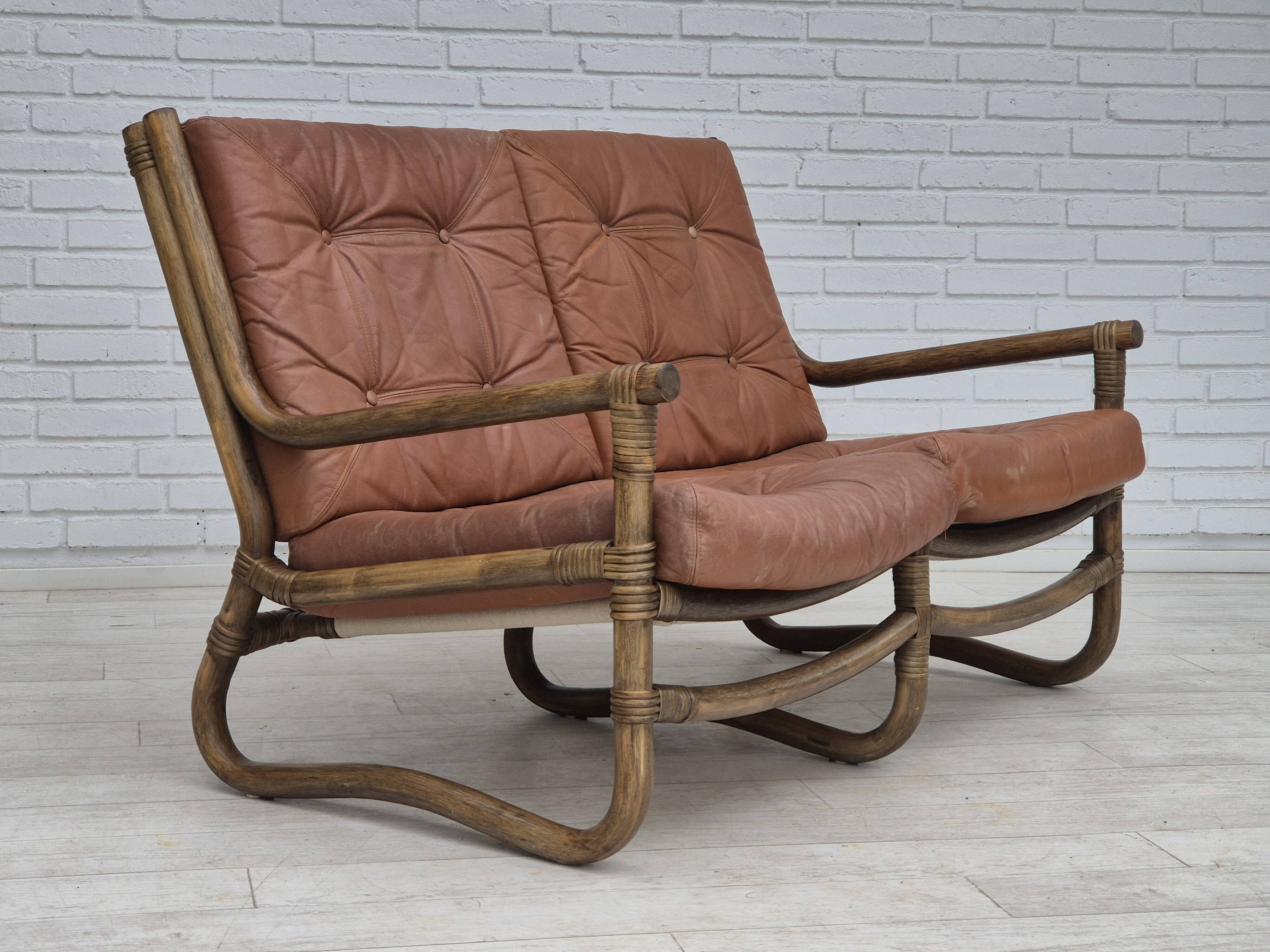 1970s, Scandinavian 2 seater sofa, original very good condition, bamboo, leather.