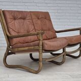 1970s, Scandinavian 2 seater sofa, original very good condition, bamboo, leather.