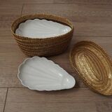 Set of 6 French Vintage White Ceramic Shell Shape Serving Dishes In Basket 4969