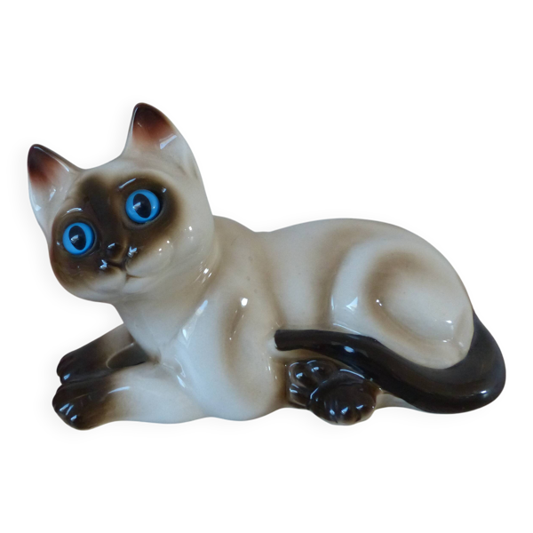 Chat siamois marron et beige en céramique vintage