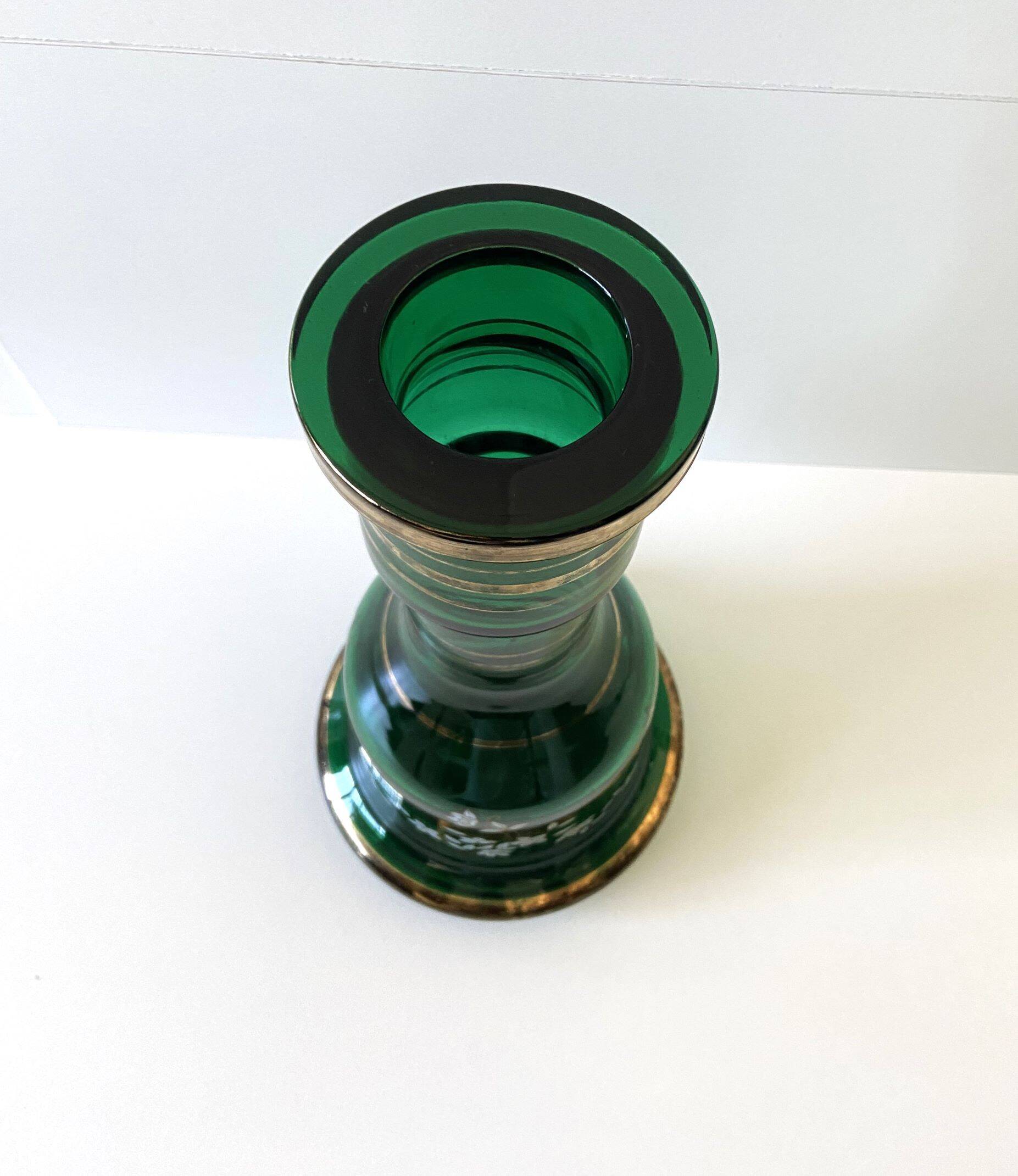 Unusual Large Vase/Candle Holder, Thick Glass, Fir Green, Decorative Carafe/Pitcher